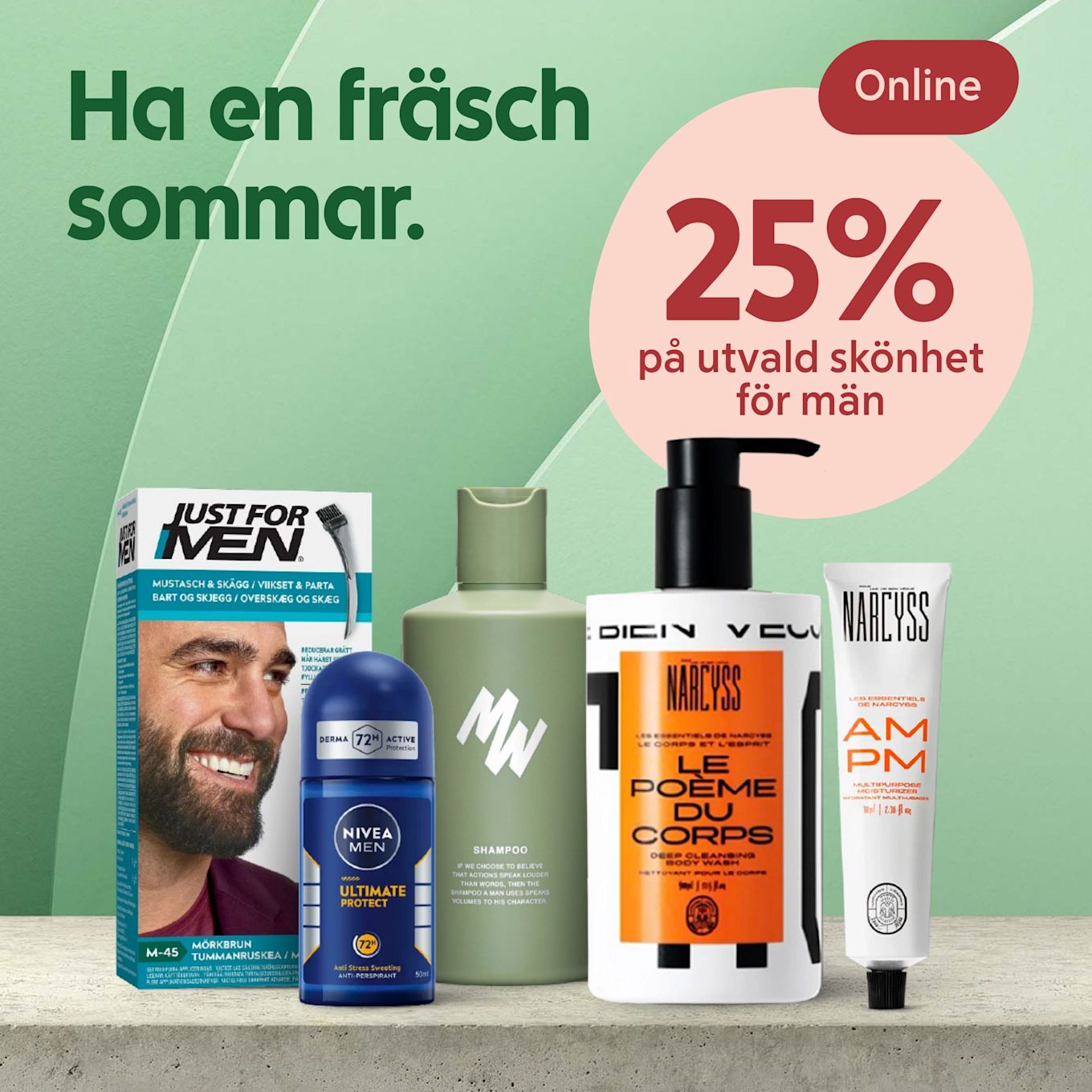Skönhetsprodukter för män står på ett bord med texten "Ha en fräsch sommar" och en rabatt på 25 % online på utvald skönhet för män.