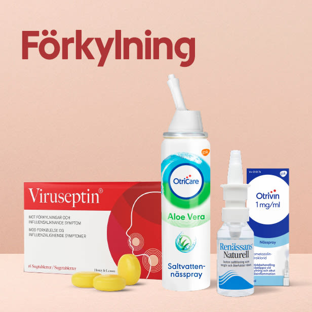 Förkylningsmedel inklusive Viruseptin sugtabletter, OtriCare Aloe Vera saltvattenspray, Renässans Naturell nässpray och Otrivin nässpray mot förkylningssymptom på en beige bakgrund.