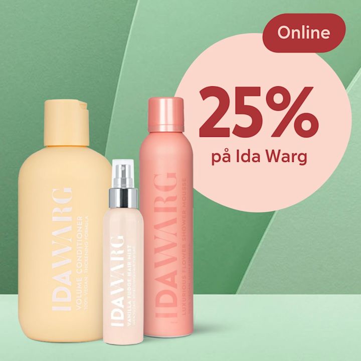 Tre Ida Warg hårvårdsprodukter står på en grön bakgrund med texten "25% på Ida Warg" i en rosa cirkel och en röd etikett med texten "Online".