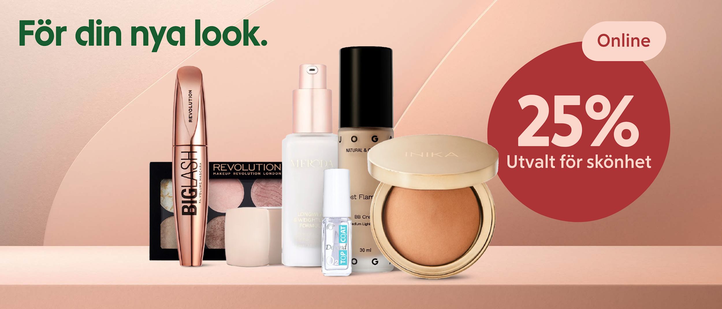 Sminkprodukter som mascara, ögonskuggspalett, foundation, nagellack och puder visas på en rosa bakgrund med texten "För din nya look" och erbjudandet "25% Utvalt för skönhet Online".