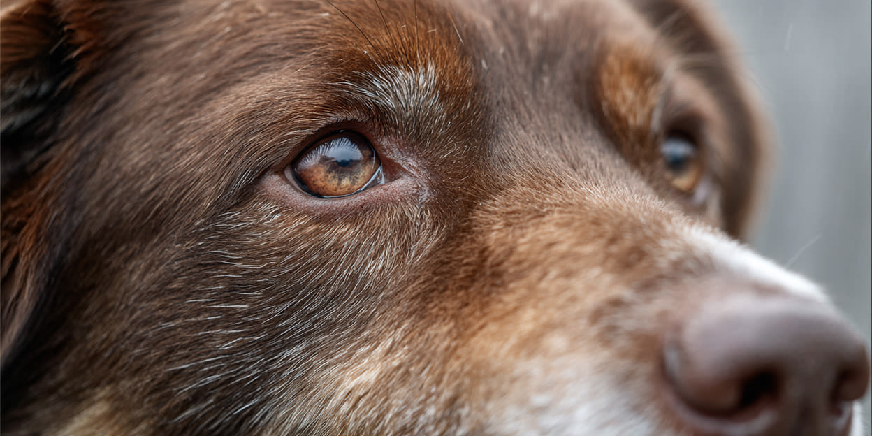 Brun hund som är lite röd kring ögonen tittar upp mot ljuset.