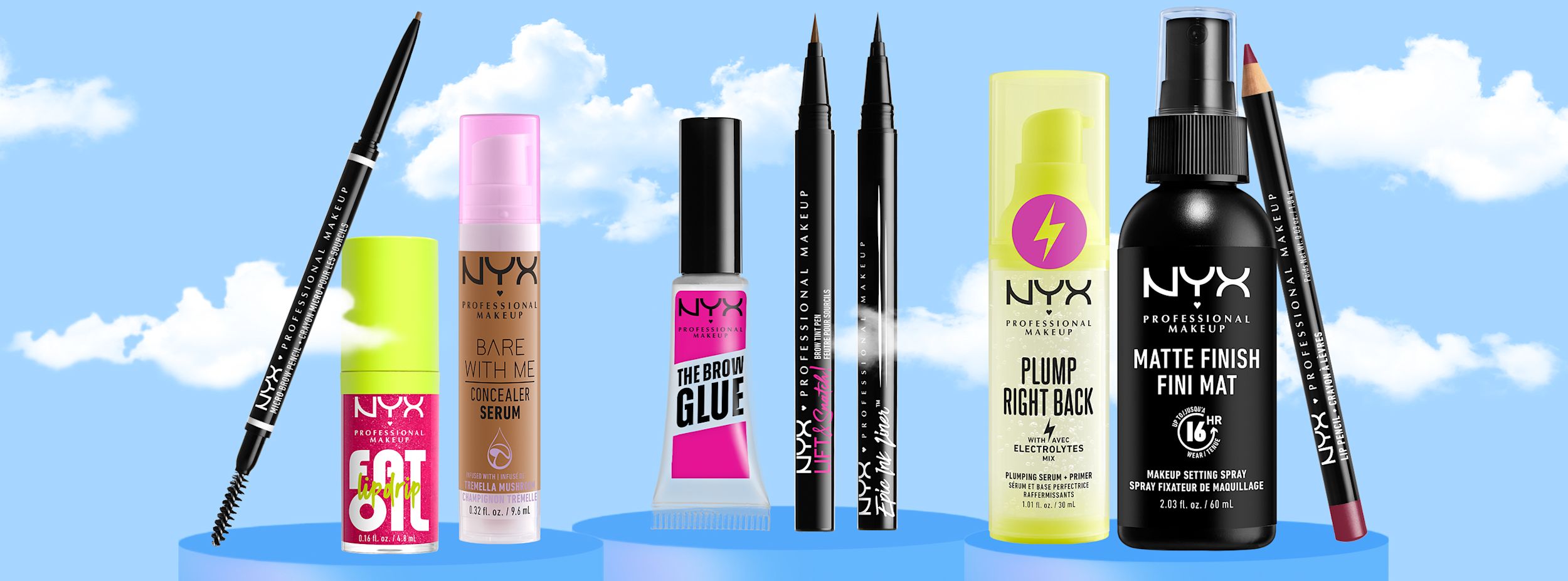 Flera NYX Professional Makeup-produkter står uppradade mot en blå bakgrund med moln, inklusive läppolja, concealer, bryngel och setting spray.