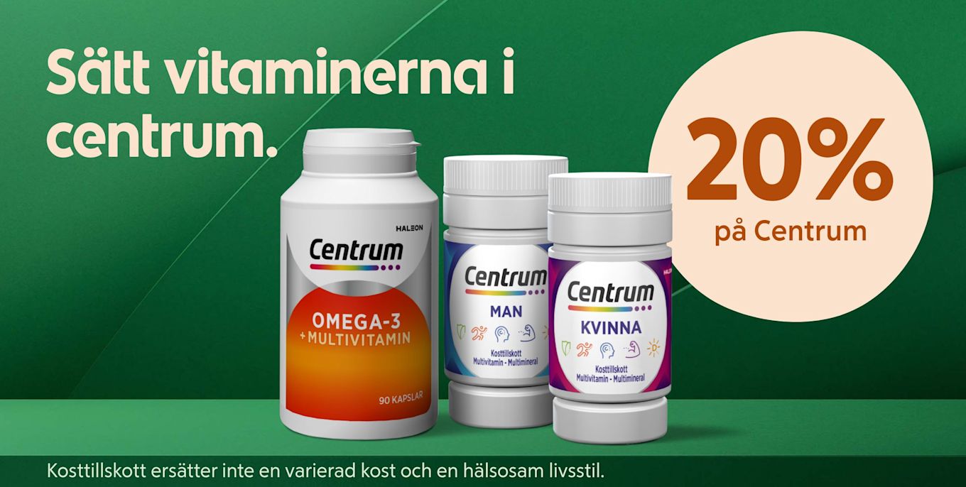 Tre flaskor med Centrum kosttillskott för man, kvinna och omega-3 visas mot en grön bakgrund med texten "Sätt vitaminerna i centrum" och erbjudandet "20% på Centrum".
