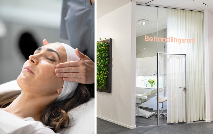 En kvinna ligger och blundar medans hon får ansiktsmassage. Bakom henne finns ett behandlingsrum med glasdörr.