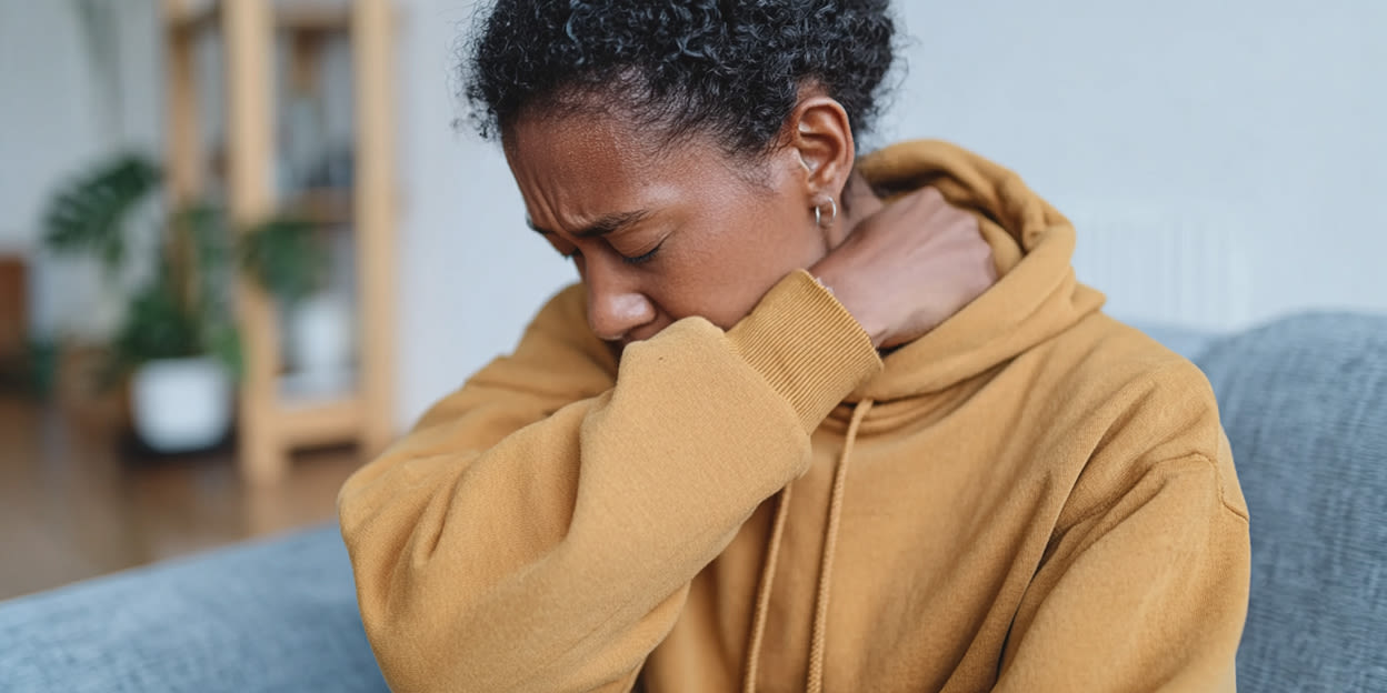 Kvinna sitter i soffan och hostar i sitt armveck. 