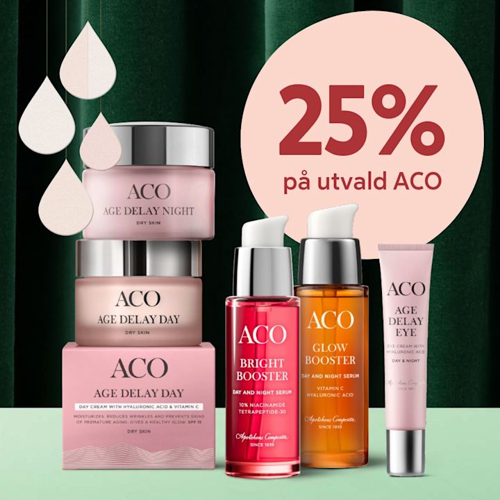 ACO hudvårdsprodukter inklusive Age Delay Day och Night, Bright Booster och Glow Booster serum, samt Age Delay Eye-kräm med text 25% på utvald ACO.