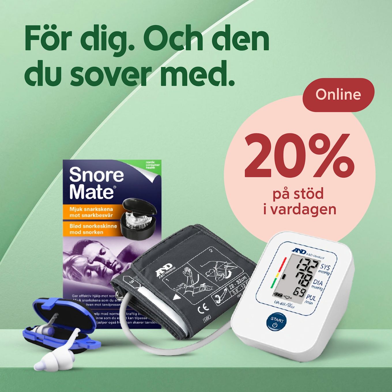 Snore Mate snarkskena, en blodtrycksmätare och öronproppar visas med texten "För dig. Och den du sover med." och erbjudande om 20% rabatt online.