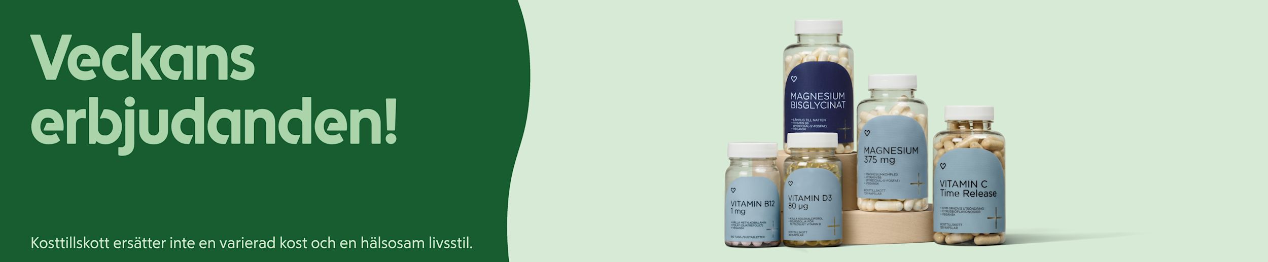 Fem vitamintillskottsflaskor med etiketter i blå toner står på en ljusgrön bakgrund bredvid texten "Veckans erbjudanden!" i grönt.