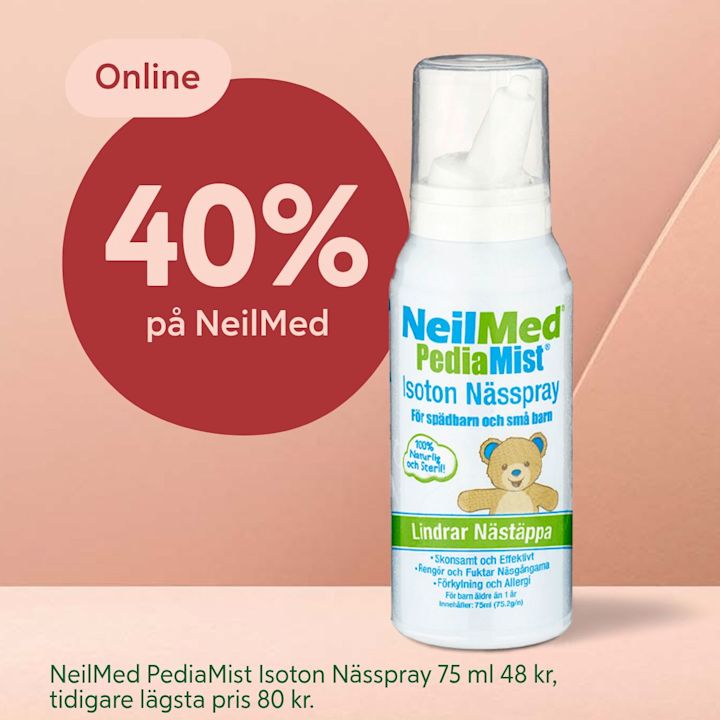 NeilMed PediaMist isotont nässpray för spädbarn och små barn, lindrar nästäppa, står bredvid en röd cirkel med texten Online 40% på NeilMed.