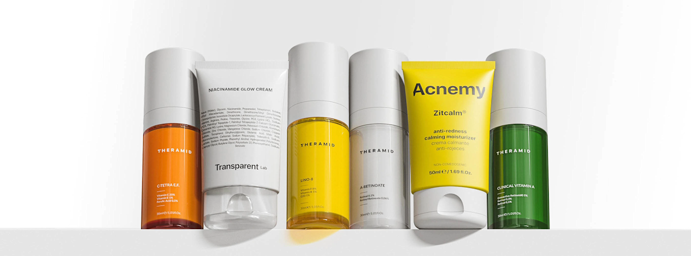 Sex olika hudvårdsprodukter från Theramid och Acnemy står uppradade på en vit yta, med färgglada förpackningar i orange, vit, gul och grön.