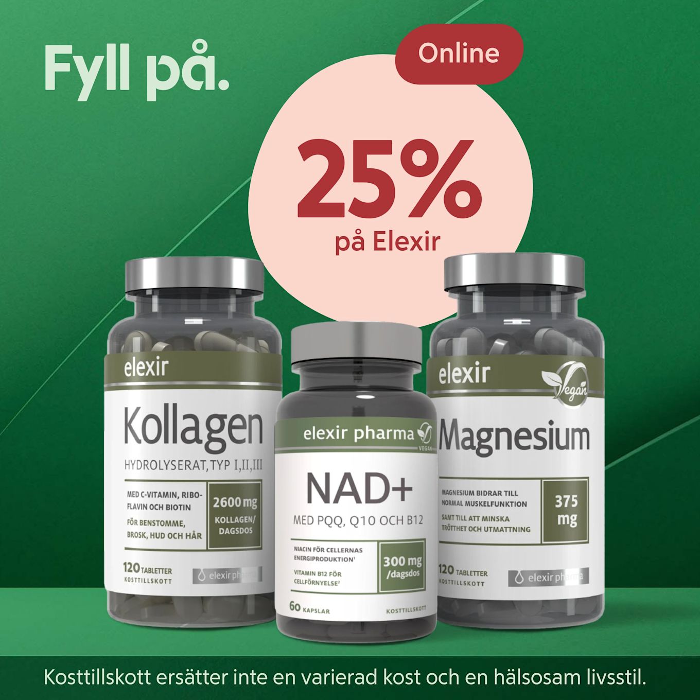 Tre kosttillskottsflaskor med Kollagen, NAD+ och Magnesium mot grön bakgrund med texten 25% rabatt på Elexir online.
