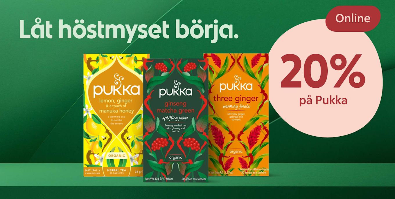 Tre färgglada paket med Pukka te, lemon ginger, ginseng matcha green och three ginger, med texten "Låt höstmyset börja" och erbjudande om 20% rabatt online.