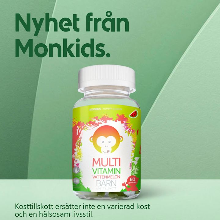 Flaska med multivitamin för barn med vattenmelonssmak från Monkids på grön bakgrund med texten Nyhet från Monkids.