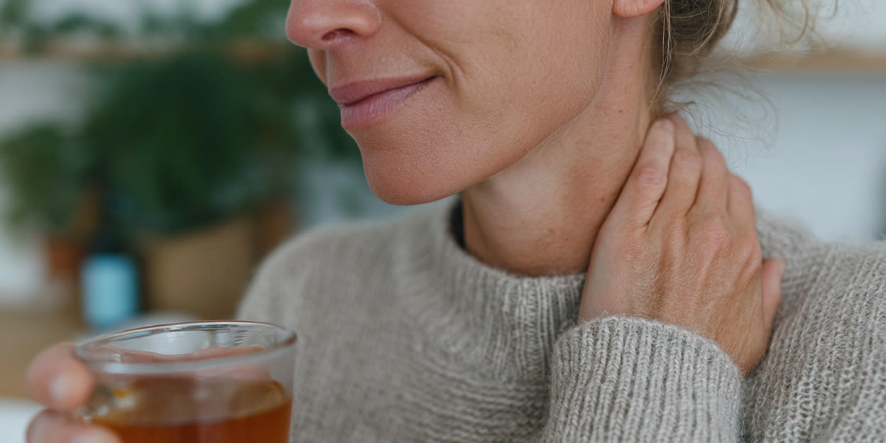 Kvinna står och håller handen mot nacken och dricker en kopp te. Bilden är delvis skapad med av AI.