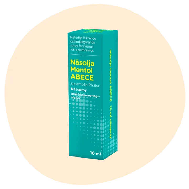Förpackning av Näsolja Mentol ABECE nässpray med text om naturligt fuktande och mjukgörande spray för näsans torra slemhinnor, utan konserveringsmedel, 10 ml.