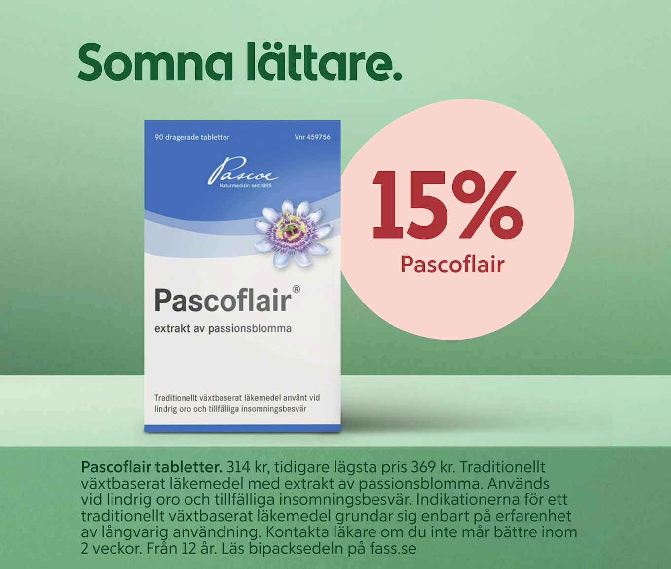 Förpackning av Pascoflair med extrakt av passionsblomma, erbjudande om 15% rabatt, grön bakgrund.