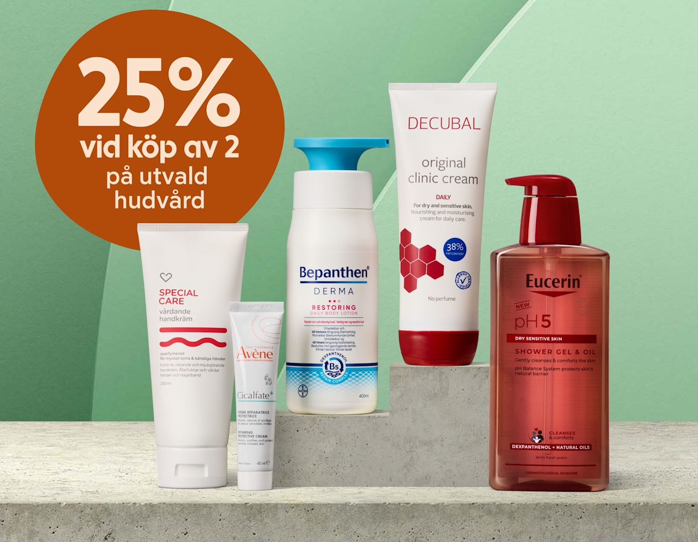 Hudvårdsprodukter från Special Care, Avène, Bepanthen, Decubal och Eucerin visas på betongytor mot grön bakgrund med text om 25% rabatt vid köp av 2.