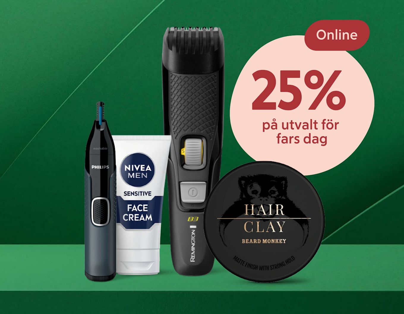 Philips nästrimmer, Nivea Men ansiktskräm, Remington hårtrimmer och Beard Monkey hårvax visas med text om 25 procent rabatt online på utvalt för fars dag.