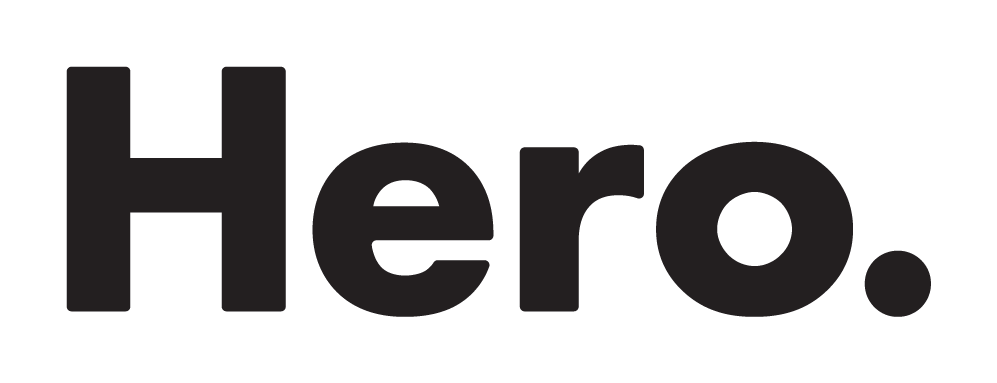Logo: Svart text "Hero." i fet stil mot vit bakgrund.