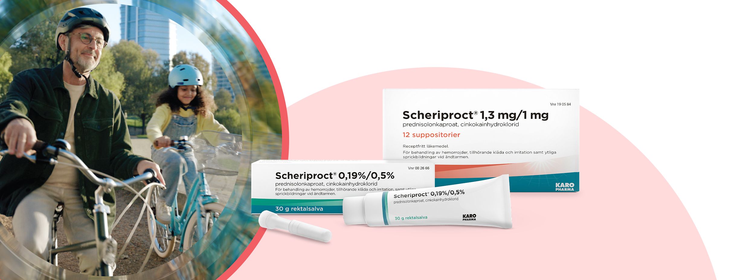 En äldre man och ett barn cyklar i en park, med Scheriproct läkemedelsförpackningar och salva i förgrunden.