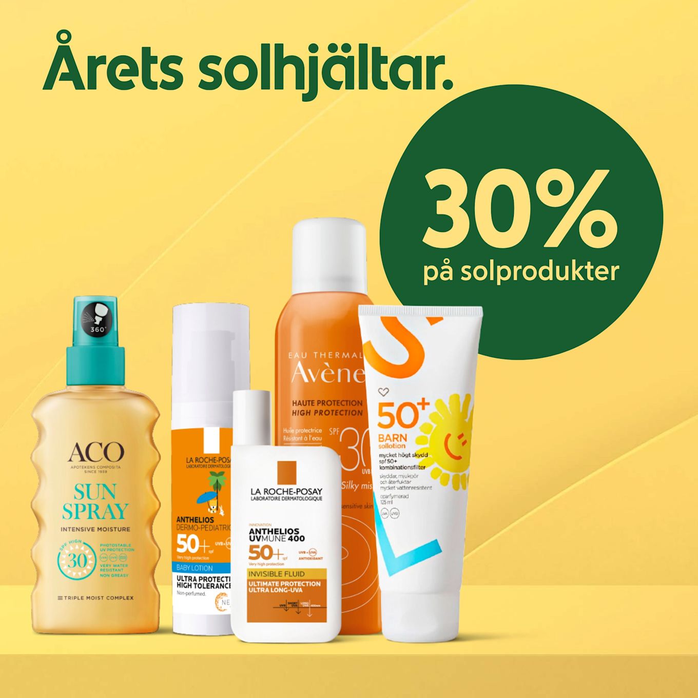 Olika solskyddsprodukter från ACO, La Roche-Posay och Avène står på ett gult underlag med texten "Årets solhjältar" och en grön cirkel med "30% på solprodukter".