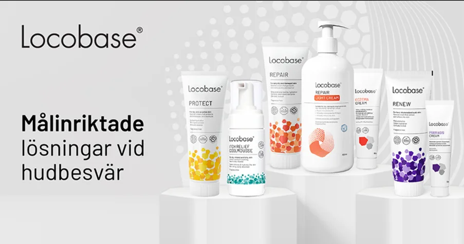 Locobase produkter står uppradade på vita bänkar med texten målinriktade lösningar vid hudbesvär samt Locobase logotyp