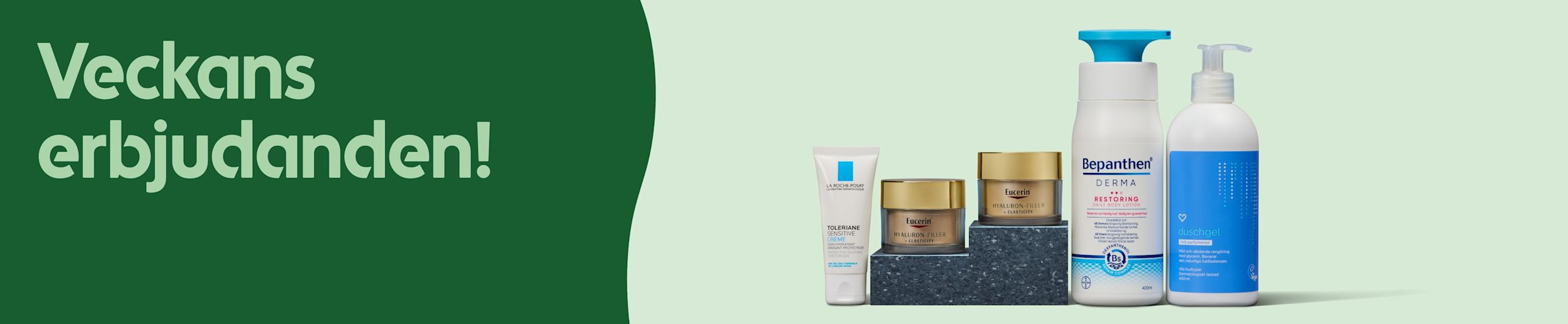 Fem hudvårdsprodukter står på rad med två Eucerin-krämburkar på en marmorpiedestal mot en ljus bakgrund med texten Veckans erbjudanden på grön bakgrund.