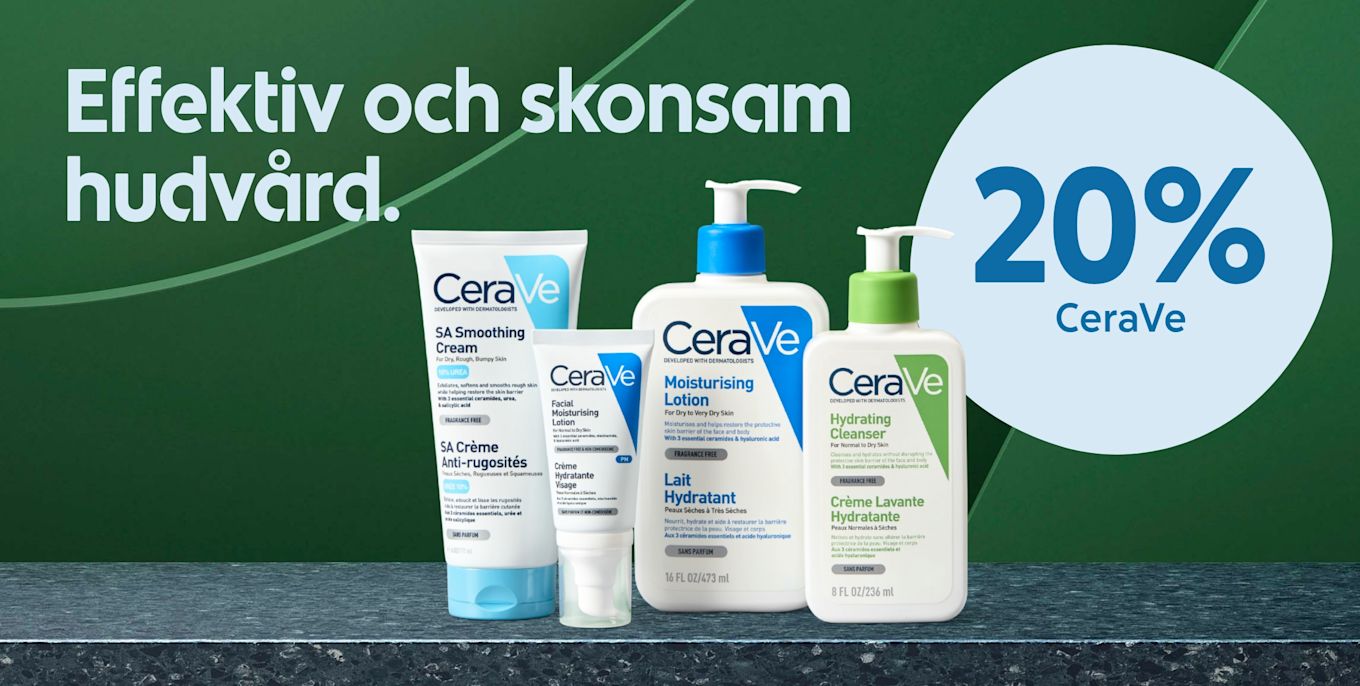 Fyra CeraVe hudvårdsprodukter står på en marmoryta med texten "Effektiv och skonsam hudvård" och en cirkel med texten "20% CeraVe" på grön bakgrund.
