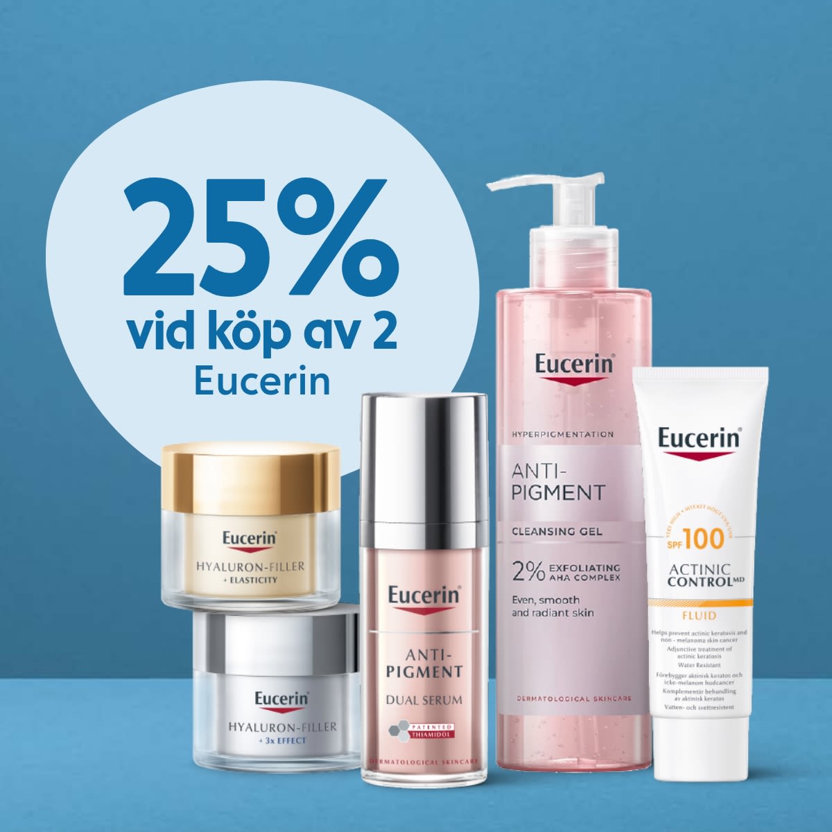 Eucerin hudvårdsprodukter inklusive Hyaluron-Filler, Anti-Pigment serum, rengöringsgel och SPF 100 solskyddsfluid på blå bakgrund. Erbjudande 25% rabatt vid köp av 2 produkter.