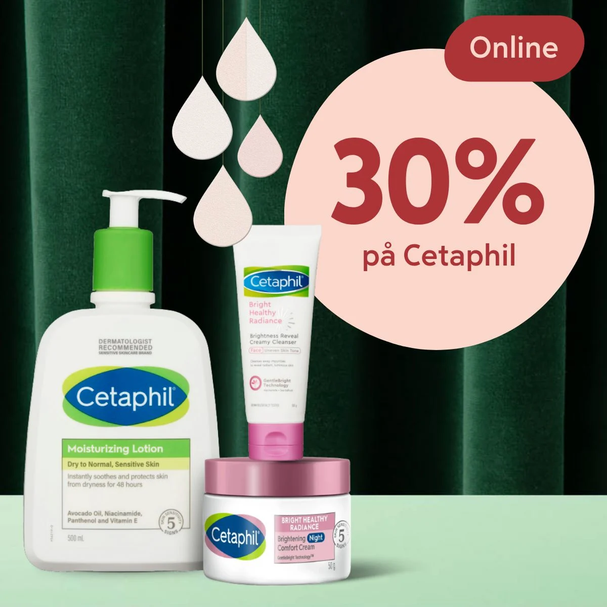 Tre Cetaphil hudvårdsprodukter visas mot mörkgrön bakgrund med texten "Online 30% på Cetaphil" i rosa cirkel.