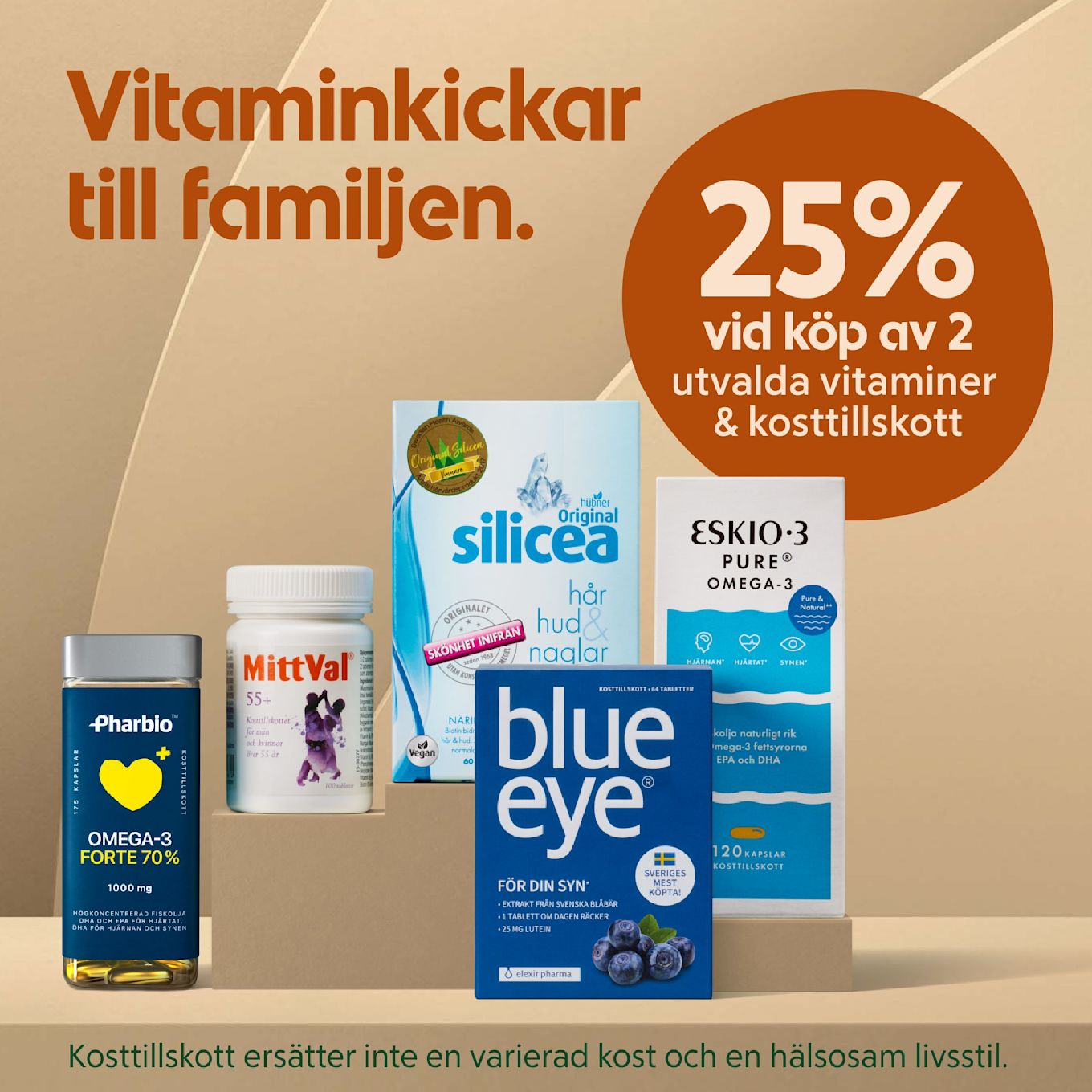 Flera vitamin- och kosttillskottsprodukter står uppradade med texten "Vitaminkickar till familjen" och erbjudande om 25% rabatt vid köp av två utvalda produkter.