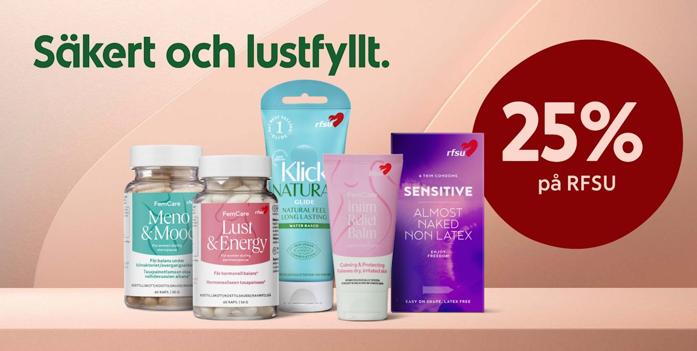 FemCare kosttillskott, glidegel, intimvårdssalva och kondomer visas med texten "Säkert och lustfyllt" och erbjudandet "25% på RFSU" på rosa bakgrund.