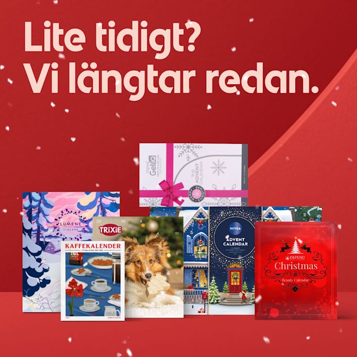 Olika adventskalendrar med vinter- och julmotiv står på röd bakgrund med texten "Lite tidigt? Vi längtar redan." i vitt.