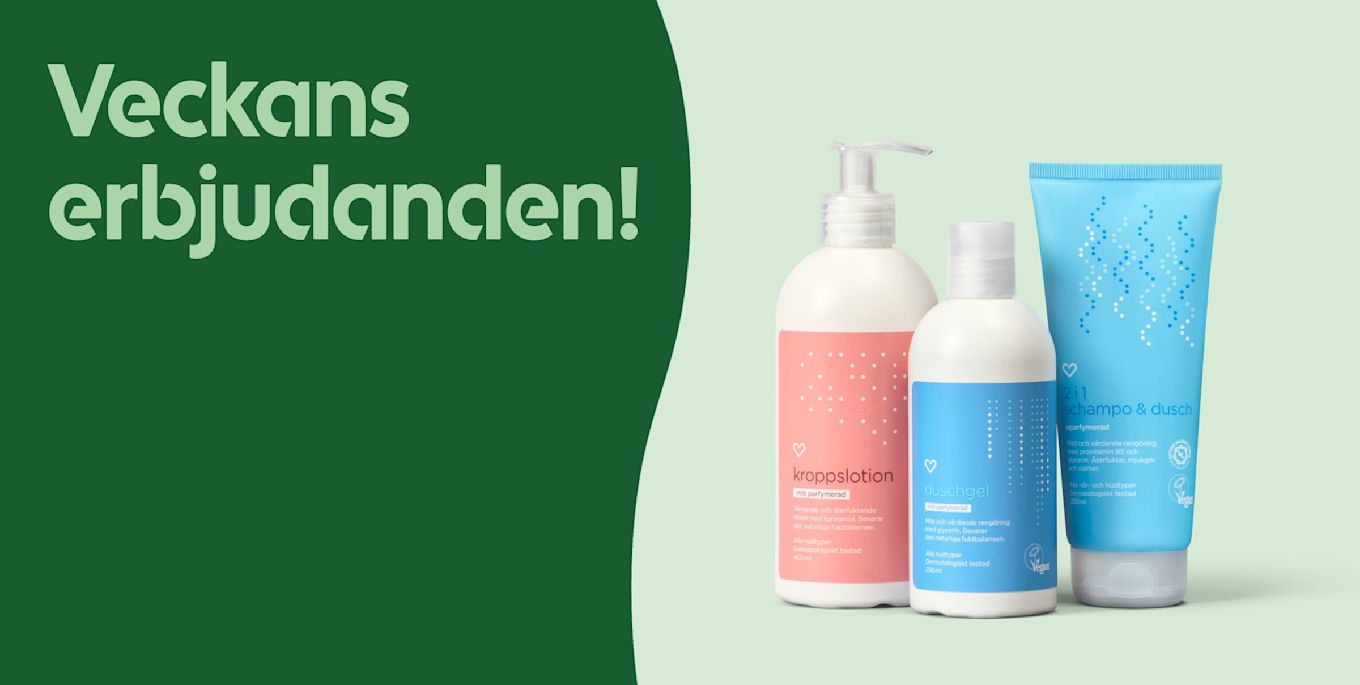 Tre hudvårdsprodukter – kroppslotion, duschgel och 2 i 1 schampo & dusch – visas bredvid texten "Veckans erbjudanden!" på grön bakgrund.