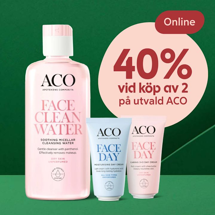 Tre ACO hudvårdsprodukter visas mot grön bakgrund med text om 40% rabatt vid köp av två online.