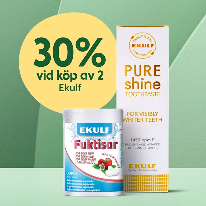 Två Ekulf-produkter, Fuktisar sugtabletter och Pure Shine tandkräm, visas med texten "30% vid köp av 2 Ekulf" på gul bakgrund.