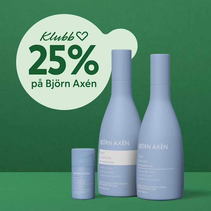 Tre blå Björn Axén hårvårdsprodukter står på en grön yta med texten "Klubb 25% på Björn Axén" i en ljusgrön bubbla på mörkgrön bakgrund.