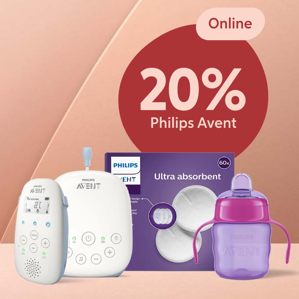 Philips Avent-produkter inklusive babyvakt, amningsinlägg och nappflaska visas med texten "20% Philips Avent Online" på en röd bakgrund.