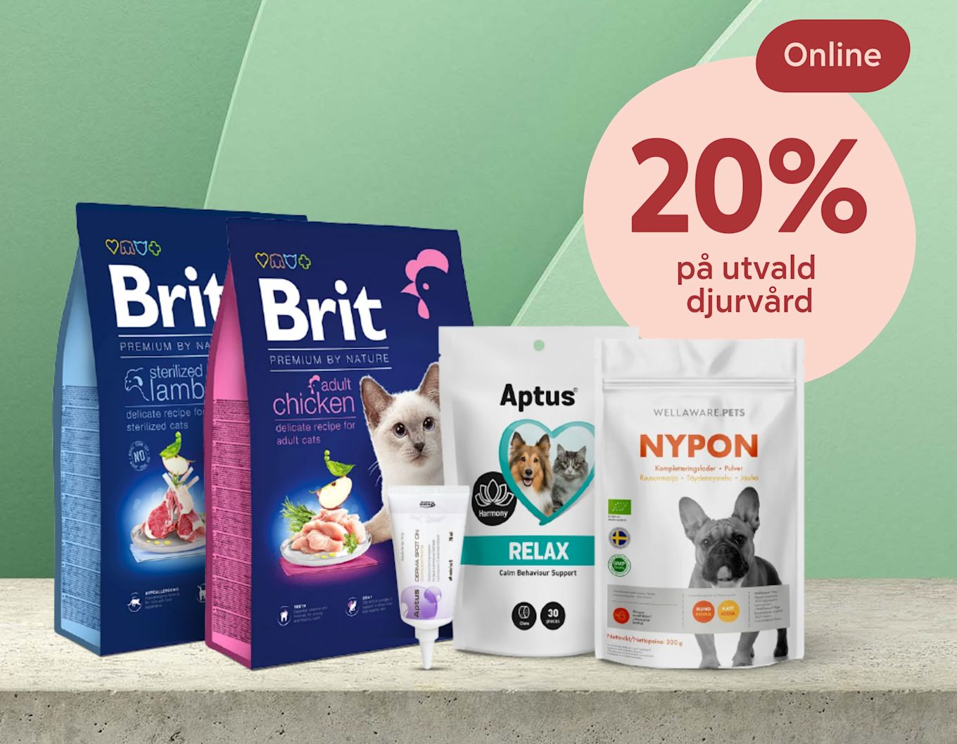 Två påsar Brit kattmat, en tub och två påsar Aptus och Wellaware pets hund- och kattvårdsprodukter visas med texten "20% på utvald djurvård online".