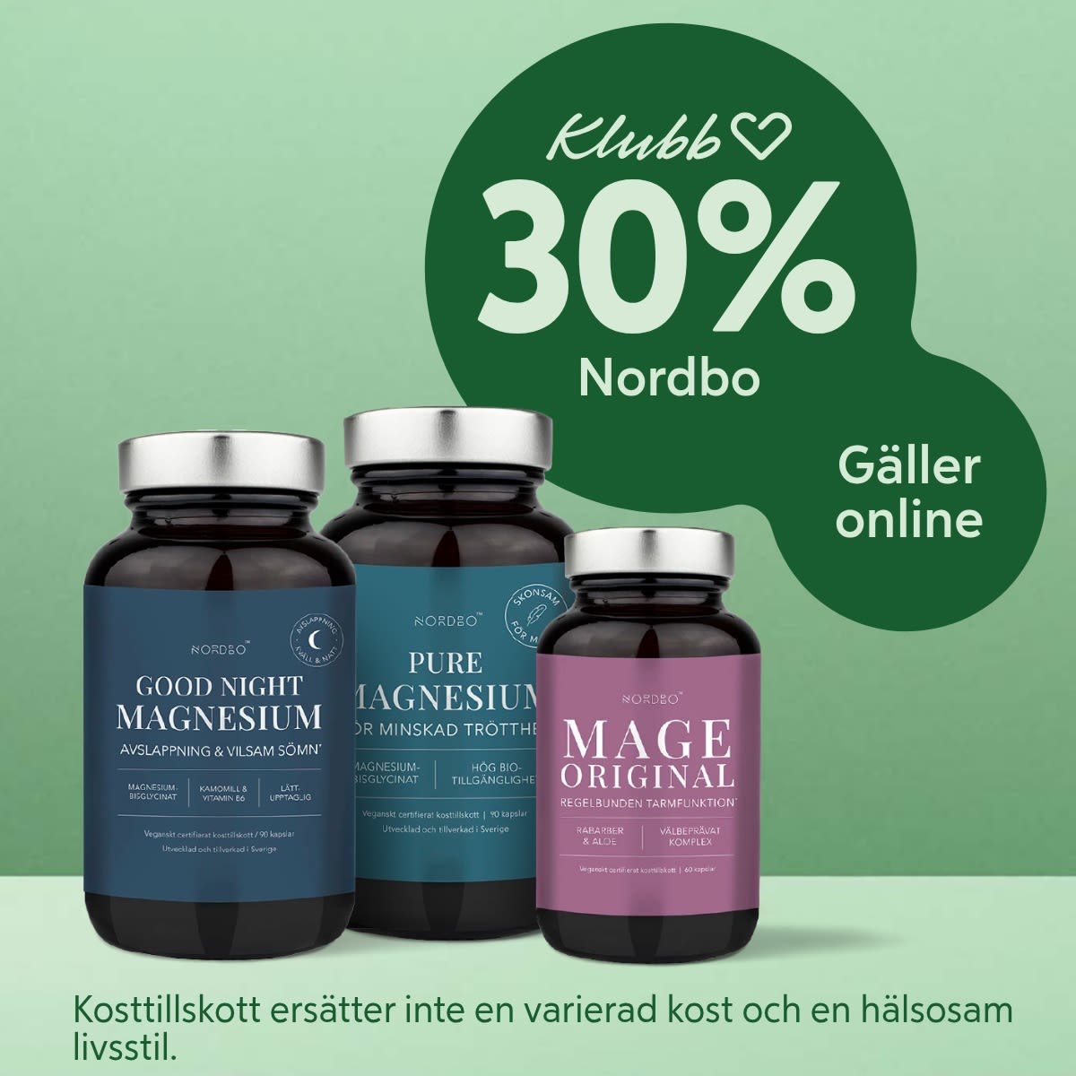 Tre kosttillskottsflaskor från Nordbo med text om 30% rabatt för klubbmedlemmar och att erbjudandet gäller online.