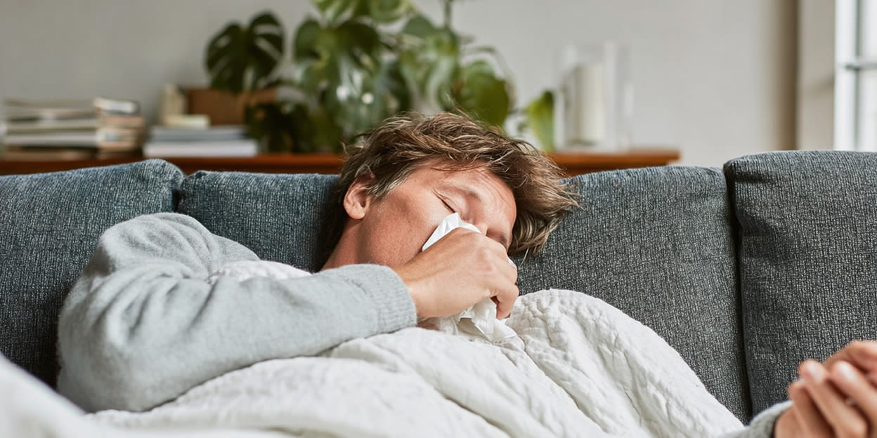 Man ligger nedbäddad i soffan med täcke och kuddar.