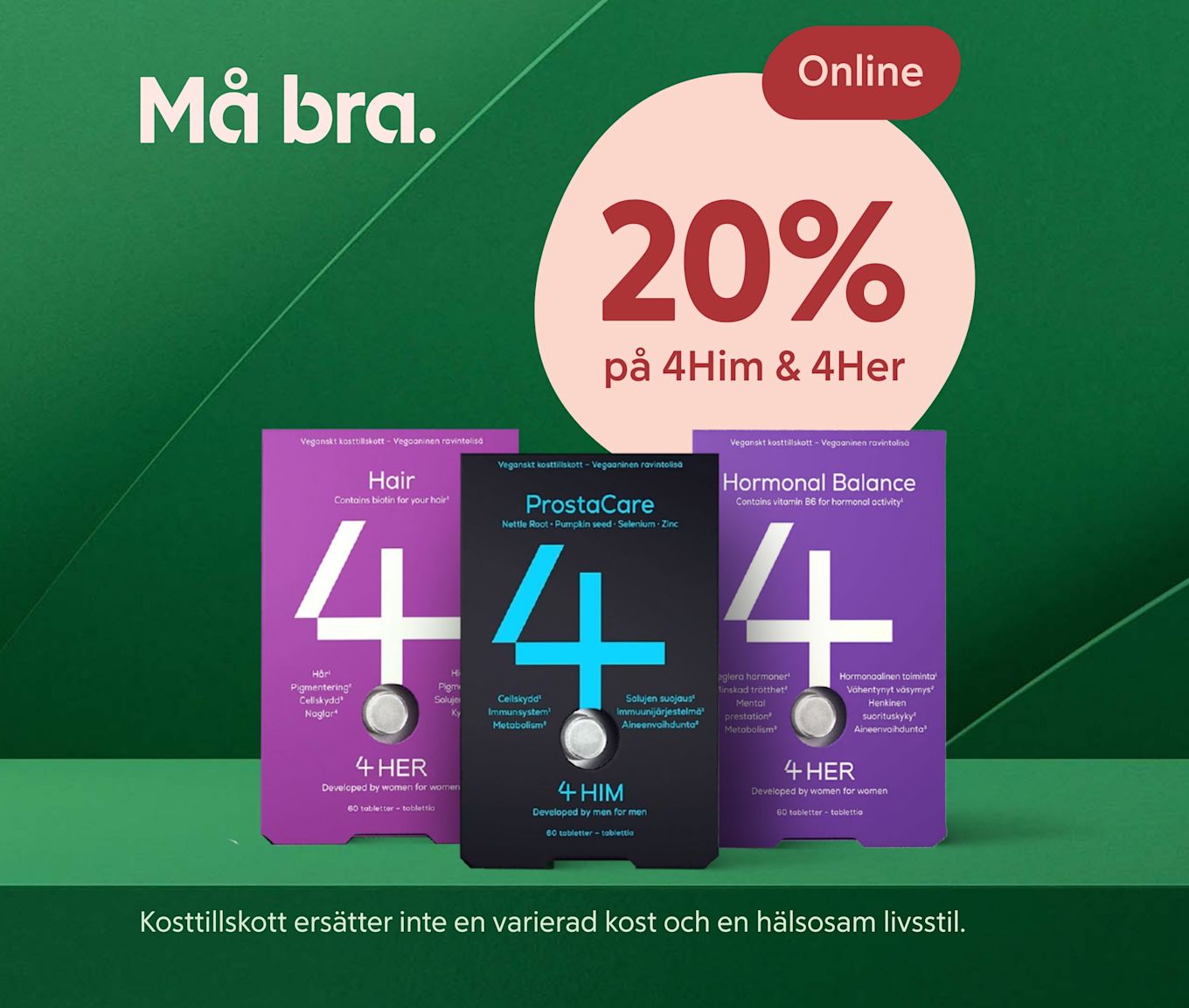 Tre förpackningar med kosttillskott 4 Him och 4 Her står mot en grön bakgrund med texten "Må bra. 20% på 4Him & 4Her Online".