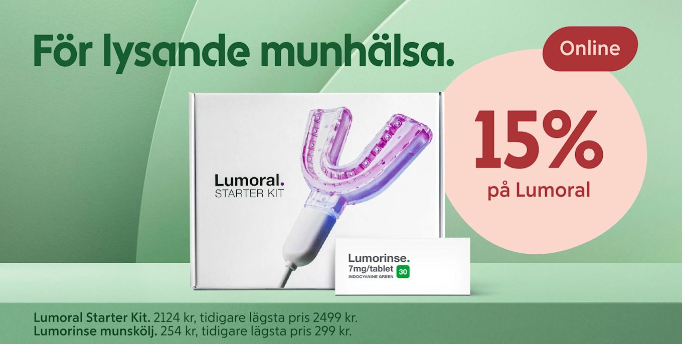Lumoral Starter Kit med en ljusrosa LED-munstycke och Lumorinse munskölj på grön bakgrund med text om 15% online rabatt för munhälsa.