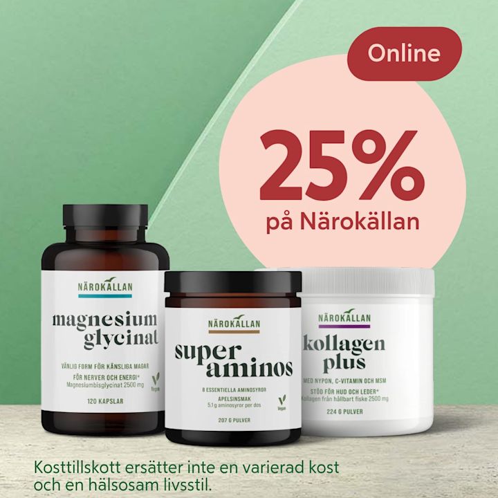 Tre burkar med kosttillskott från Närokällan framför en grön bakgrund med texten "25% på Närokällan Online".