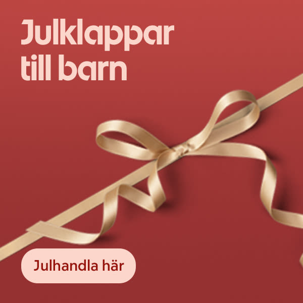 Gyllene sidenband knutet i rosett över röd bakgrund med texten "Julklappar till barn" och en knapp med texten "Julhandla här".
