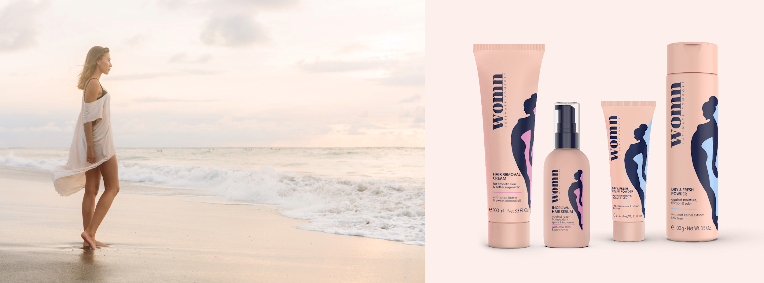 Kvinna går barfota på stranden vid solnedgång, fyra WOMN intimvårdsprodukter står uppradade på ljus bakgrund.