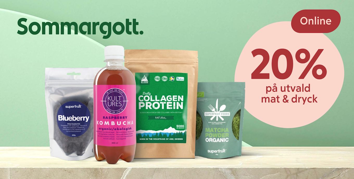 Fyra hälsoprodukter inklusive torkade blåbär, hallonkombucha, kollagenprotein och matchapulver visas med texten "Sommargott" och erbjudandet "20% på utvald mat & dryck online" på grön bakgrund.