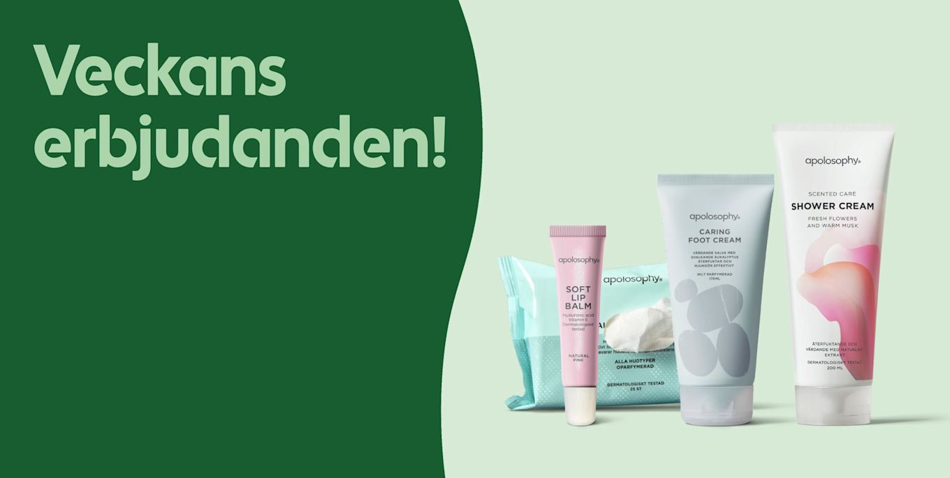 Veckans erbjudanden med apolosophy hudvårdsprodukter inklusive mjuka läppbalsam, våtservetter, vårdande fotkräm och doftande duschkräm mot ljus bakgrund.