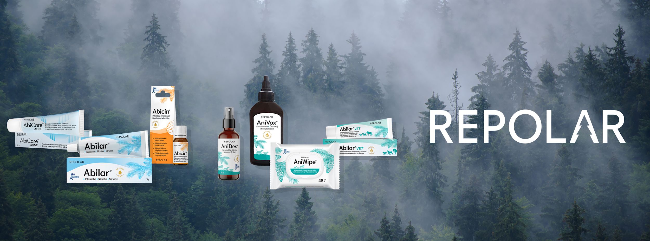 Flera Repolar hudvårds- och veterinärprodukter visas framför en dimmig skog med stor vit text "REPOLAR" till höger.