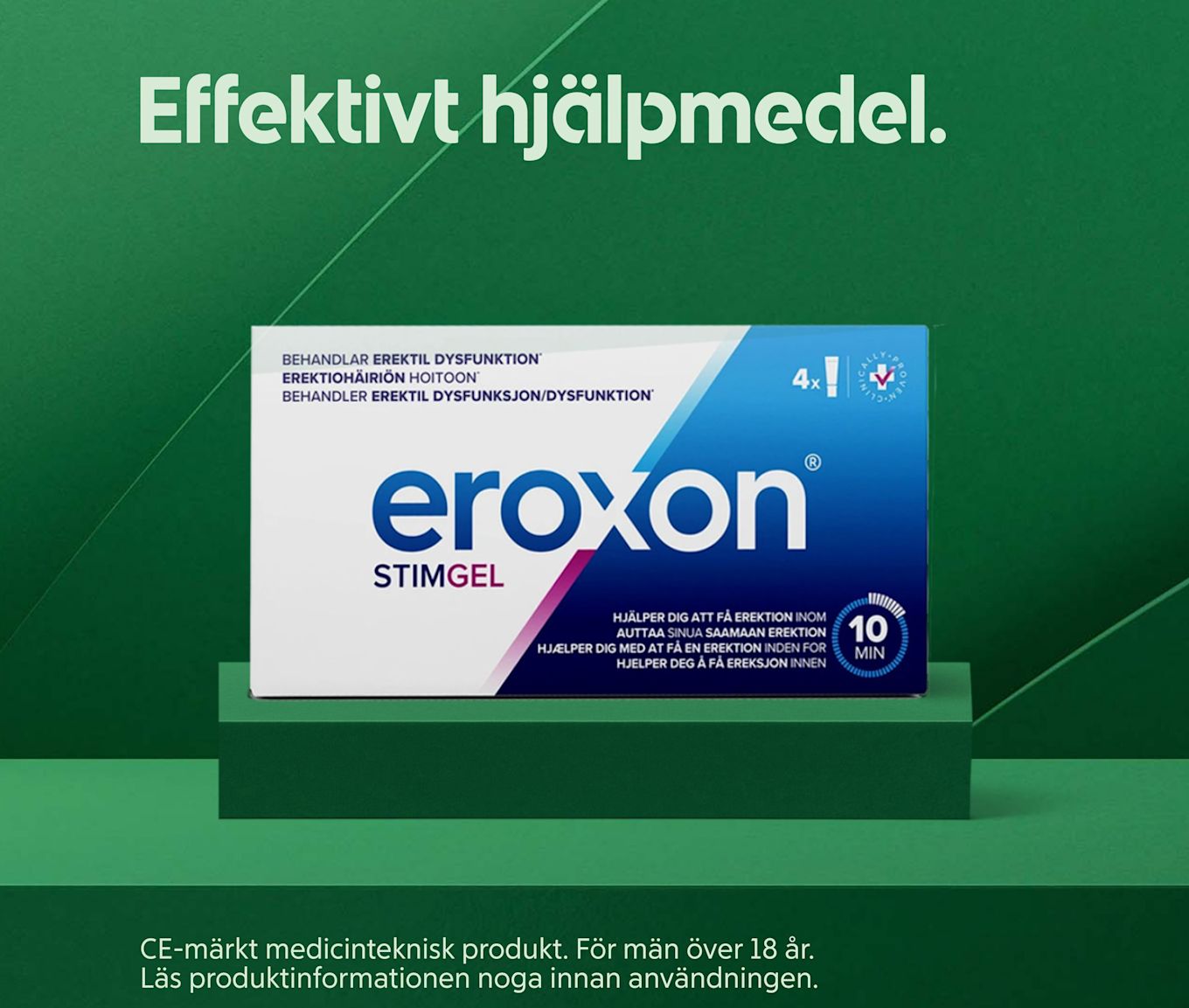 Förpackning av Eroxon stimgel som behandlar erektil dysfunktion, placerad på grönt podium med texten "Effektivt hjälpmedel" ovanför.